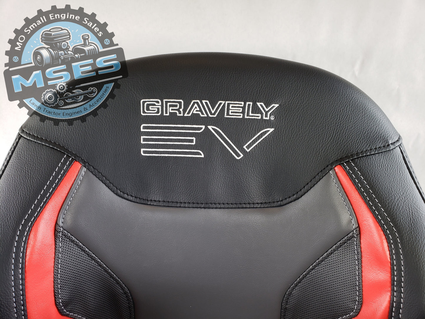 Gravely 09366600 Lawn Mower Seat With Arm Rests Black/Red with White Stitching