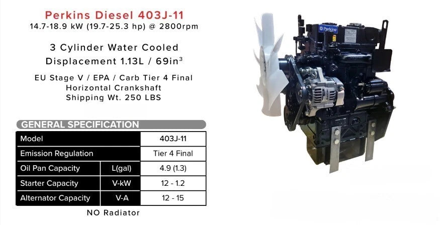 19.7 - 25.3HP Perkins 3 Cylinder 403J-11 Diesel Engine 14.7-18.9 kW @2800rpm