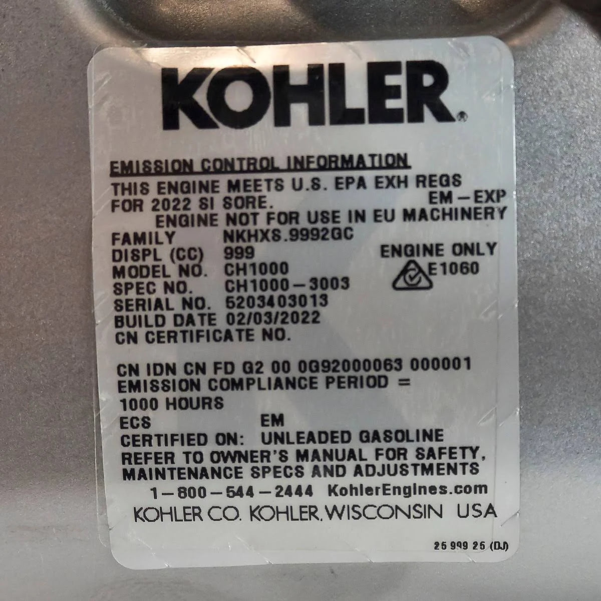 37HP Kohler CH1000-3003 Command Pro Engine 1-1/8" Dia. x 4.46" Crankshaft 999 cc